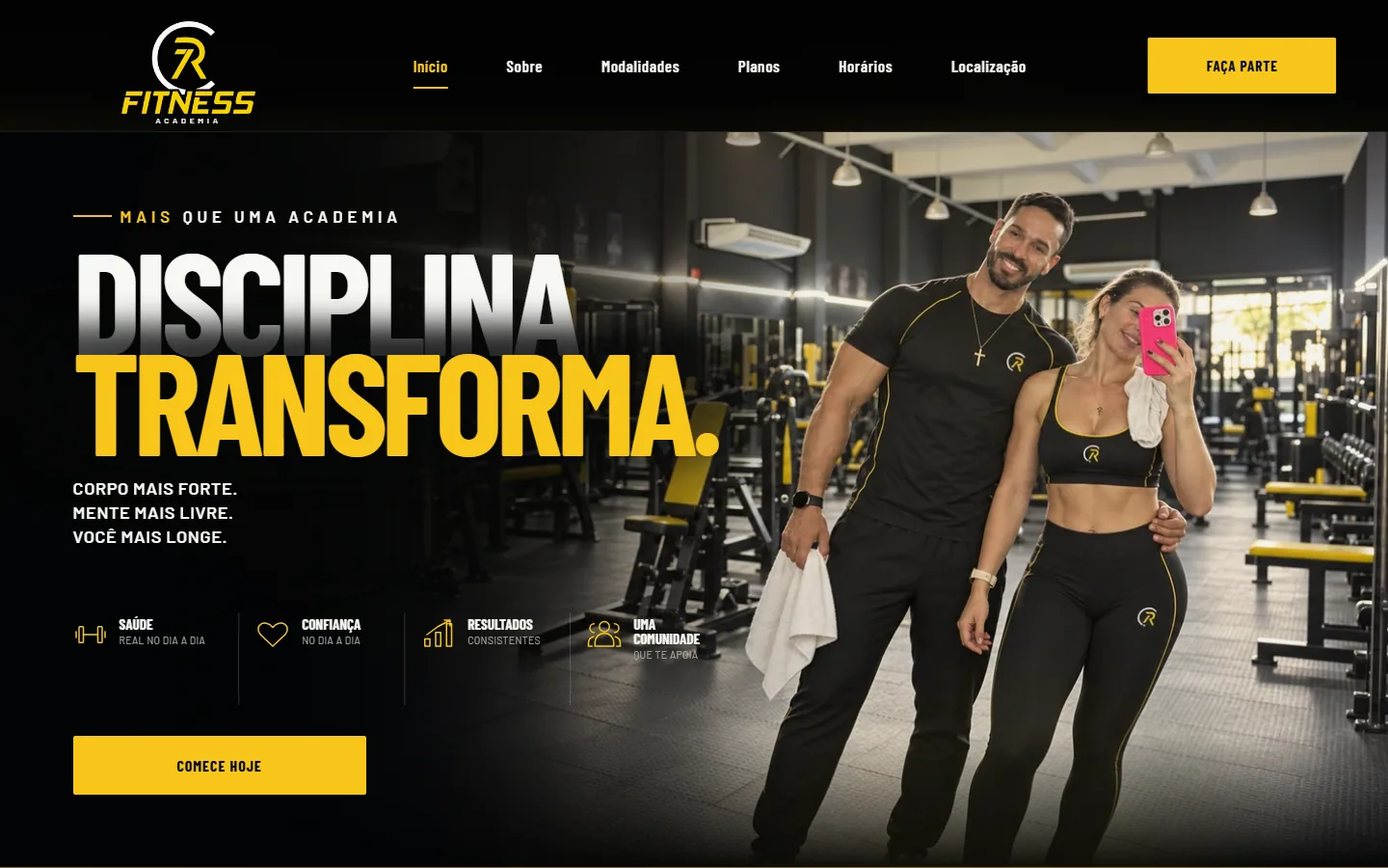 Página inicial da versão atual do site CR Fitness no desktop
