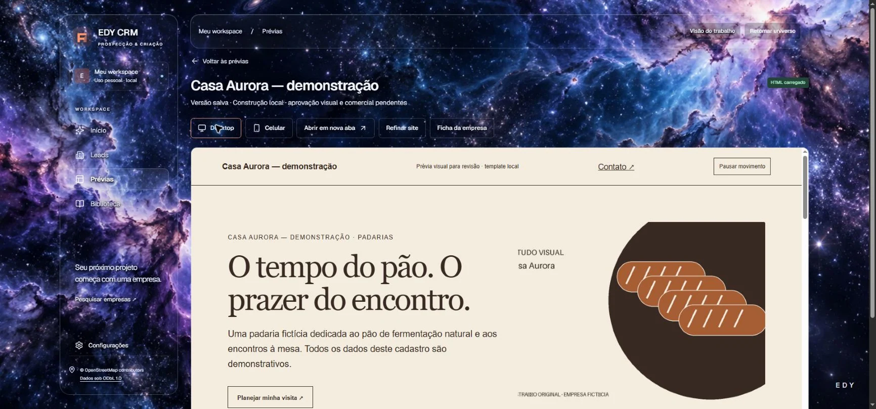 Prévia HTML local do exemplo fictício Casa Aurora no EDY CRM