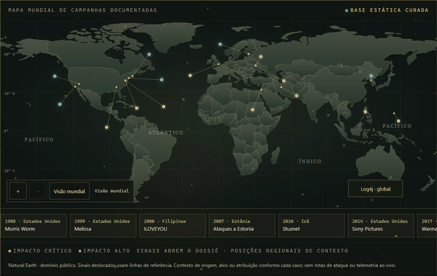 Mapa investigativo do WAR ROOM com cartografia e seleção de dossiês