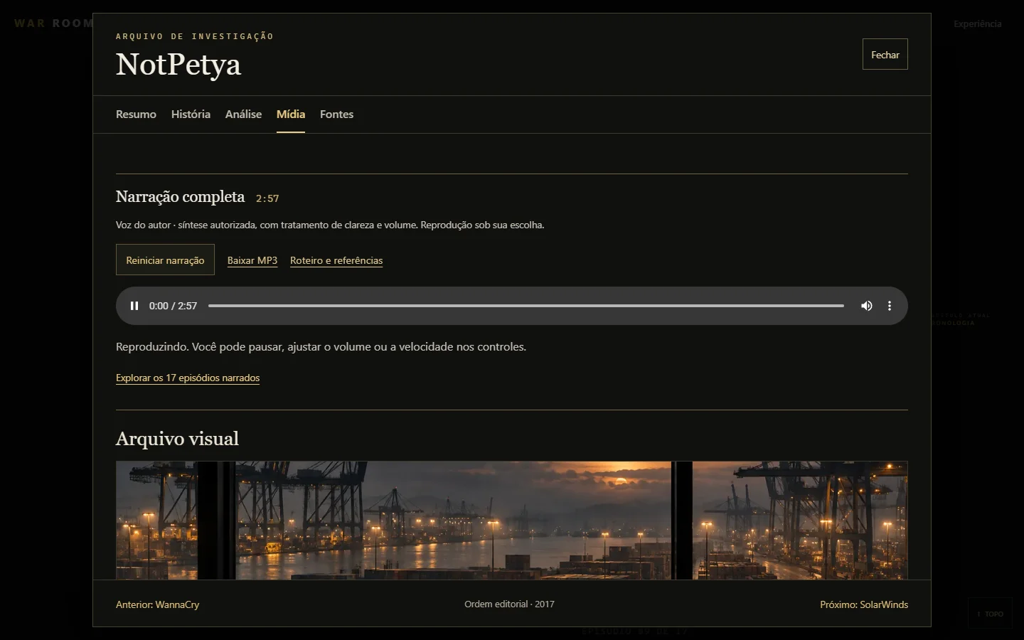 Player de narração prolongada do NotPetya na aba Mídia