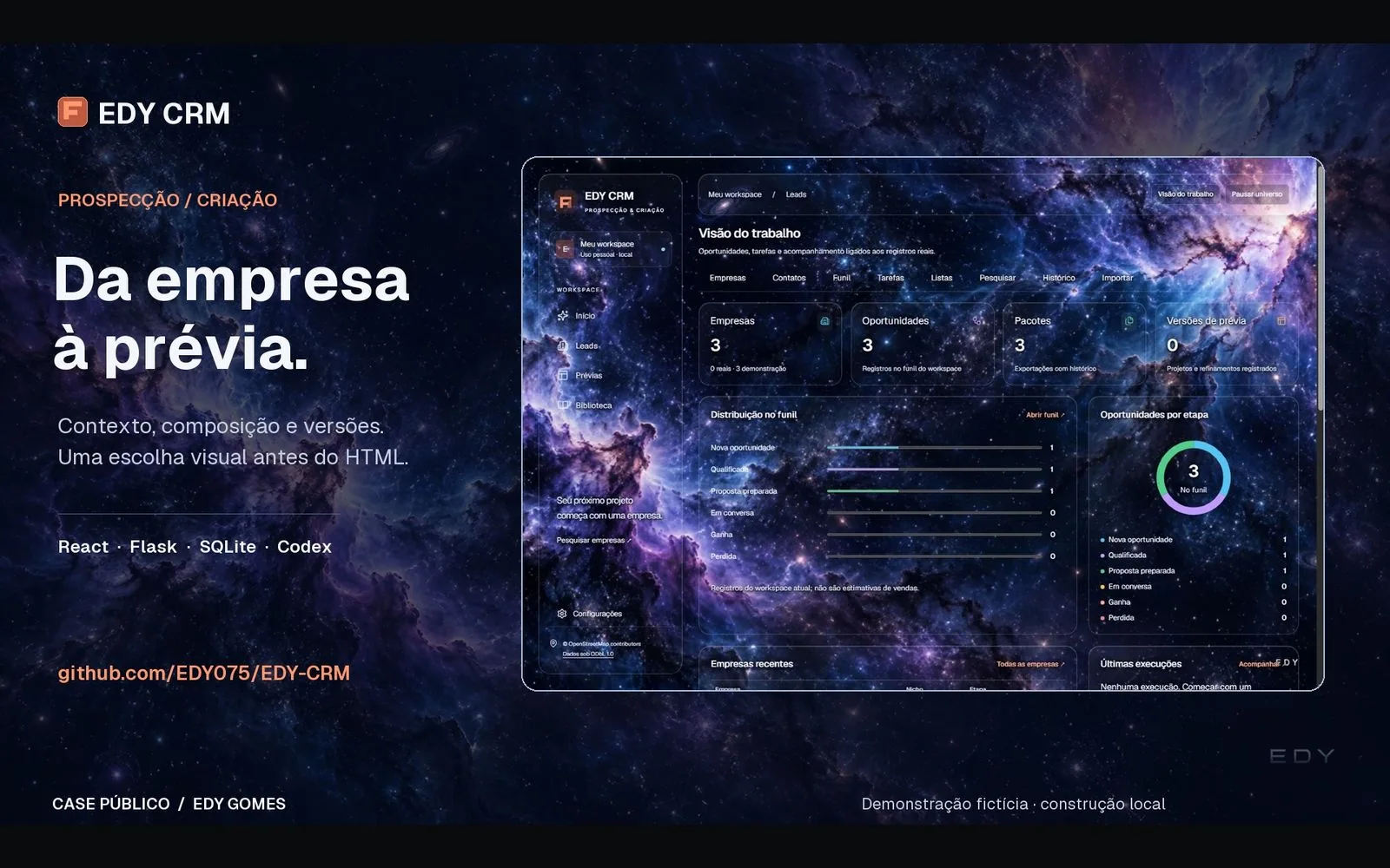 Capa do EDY CRM com captura real do dashboard e dados de demonstração fictícios