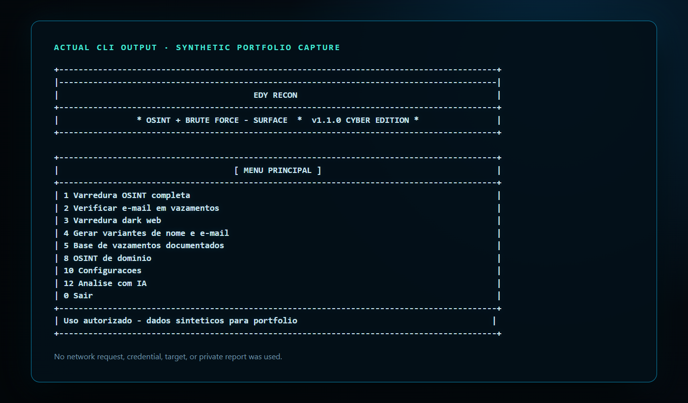 Menu principal completo do EDY RECON com todos os fluxos OSINT disponíveis