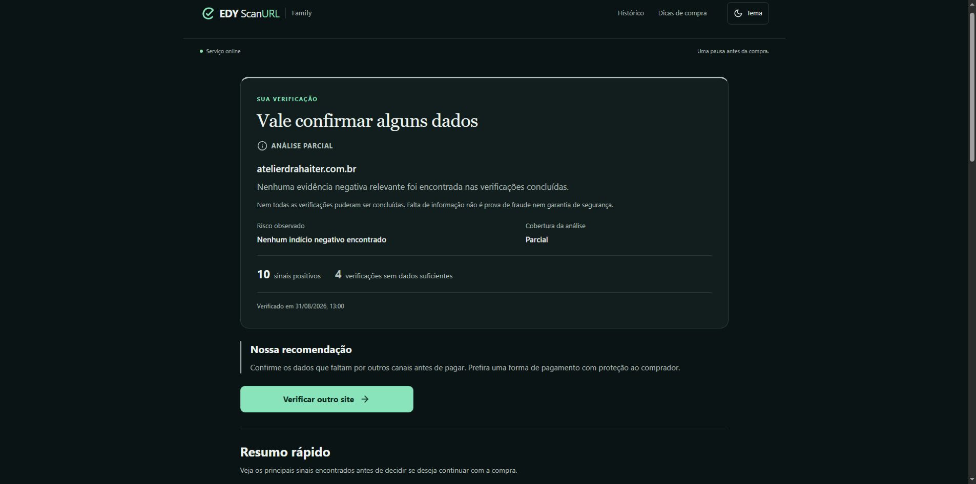 Resultado detalhado do EDY ScanURL com sinais encontrados, cobertura e recomendação