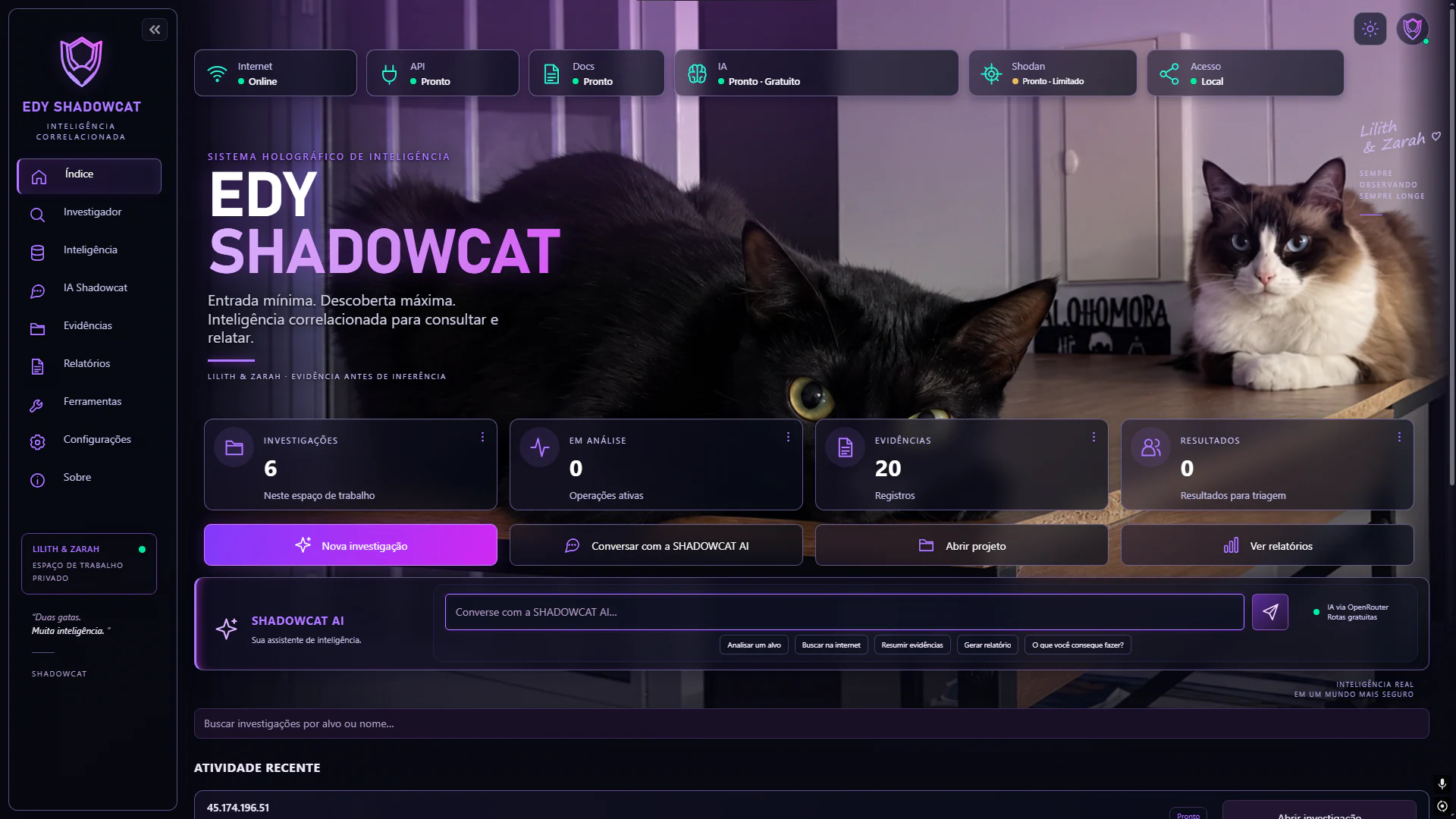 Dashboard real do EDY SHADOWCAT com investigações, evidências, IA e resultados