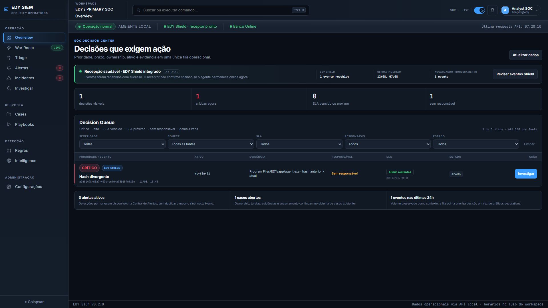 SOC Decision Center do EDY SIEM em captura da release